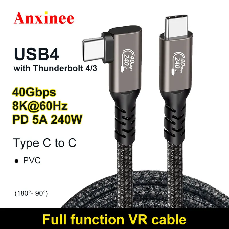 USB4 Cable Thunderbolt 3/4 40Gbps USB C 8K60Hz Video Cable PD240W Fast Charger  90 ° Elbow VR Data Cable