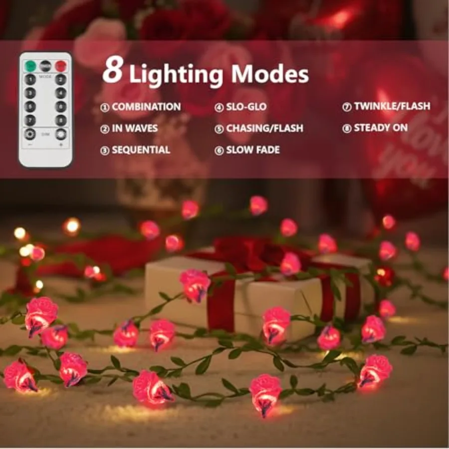 40 LED Fairy Lights Battery Powered, 12.5ft Flower String Lights Remote, Valentine Lights for Wedding, Party, Bedroom, Porch, T