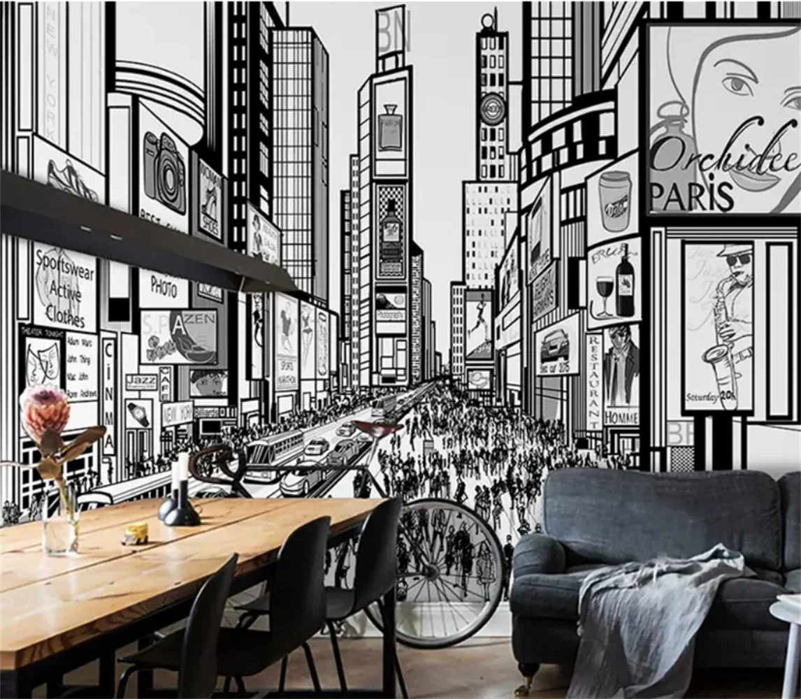 3D Nordic hand-painted retro nostalgic European architectural murals black and white city living room dining room wallpaper