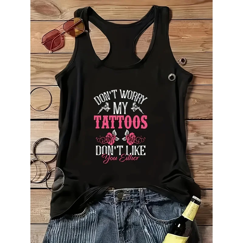 Gothic Punk-Inspired Sleeveless Racerback Tank Top for Women - Casual Cami with 'Tattoos Are Trashy' Tattoo Quote Design