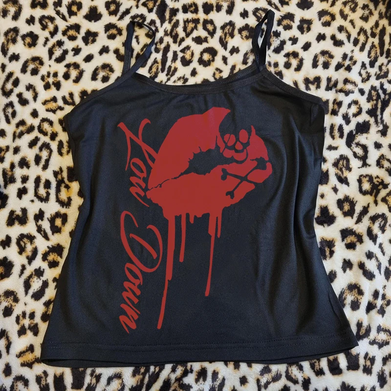 Vintage Lippenstift drucken sexy ästhetische y2k Brief Gothic Streetwear Kurzarm T-Shirts zurück zu 2000s Stil Frauen Sommer Tops