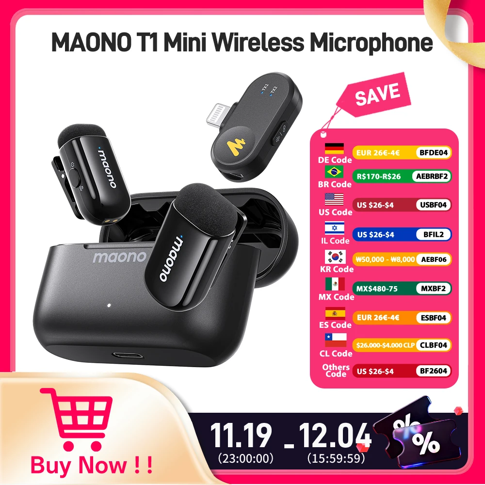 

MAONO T1mini беспроводный Lav микрофон для телефона AI подавление шума автоматическое обрезание приложения управления клип-на микрофон для видеозаписиVlog