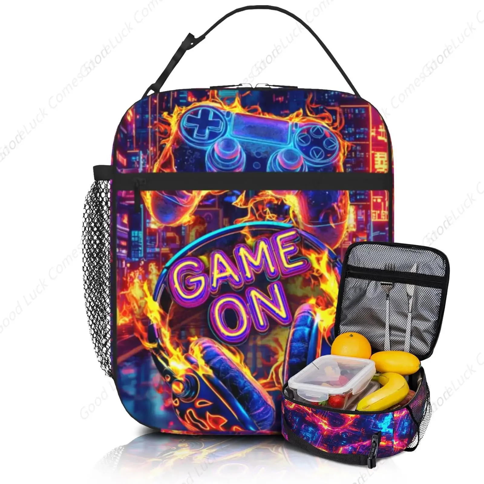 Ice and Fire Game and Headphones Tote Lunch Box Bag For Kids Teen Boys Girls Insulated Lunch Boxes For School Travel Work Picnic