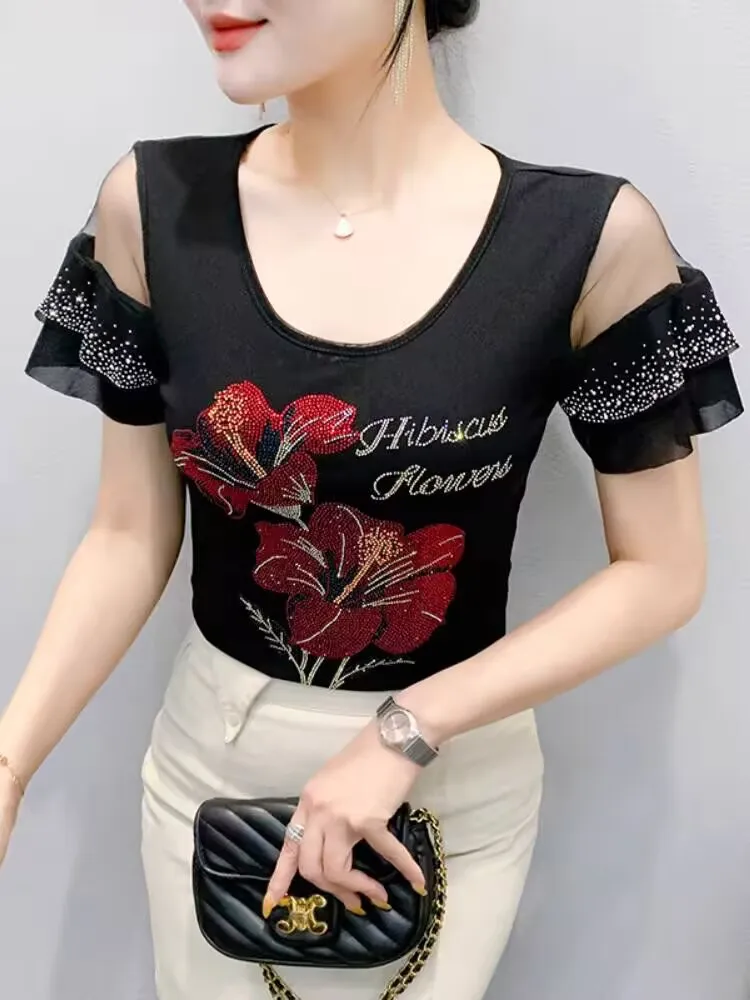 

2025 Fairy Eye-catching Female T-shirt Spring Summer Woman Short Sleeve Tops Tee O-neck Printed Flowers Butterfly Sleeve Sheer