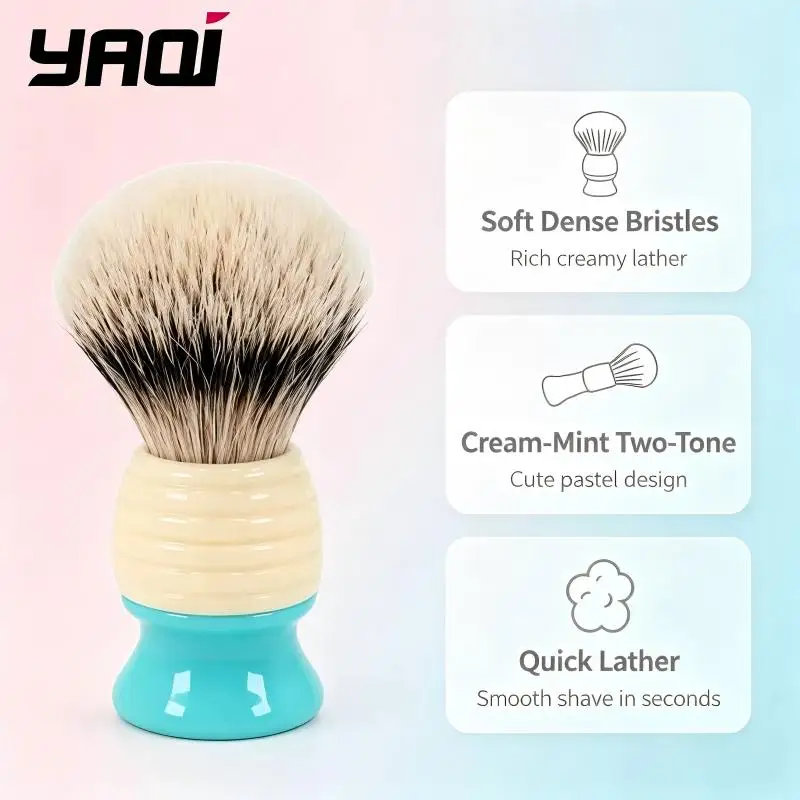 YAQI Shaving Brush for Men Soft Dense Bristles Cream-Mint Two-Tone Resin Handle Pastel Design Wet Shaving