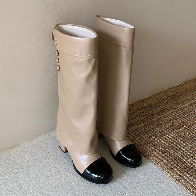 Elegant Black White Spliced Knee High Boots Ladies Foldable Cuff Gold Buttons Round Toe Block Heel Tall Boots view 4