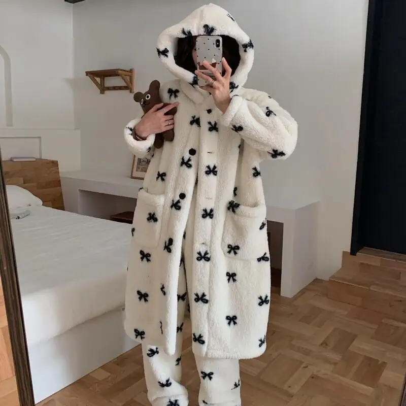 

Women's Pajama Set Comfortable Sleepwear Winter Thick Coral Fleece Robe Set Hooded Long Warm Pajamas Can Be Worn Out Homewear