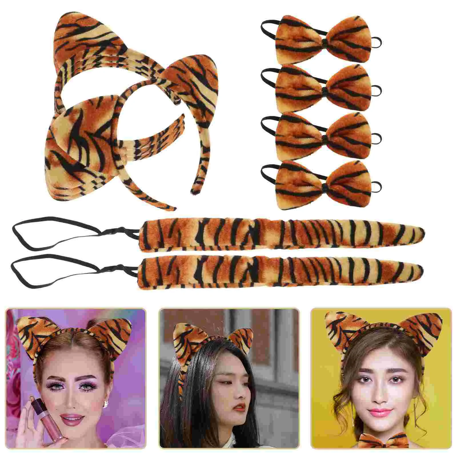 

12pcs Tiger Ear Headband Bow Tie Tail Set Cosplay Costume Accessory Pack Halloween Carnival Stage Dance Props Lightweight