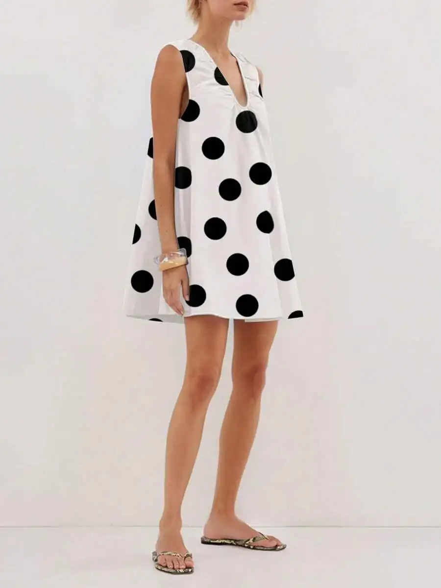

Women's White Black Polka Dot Babydoll Mini Dress Scoop Neck Sleeveless Flowy Loose Fit