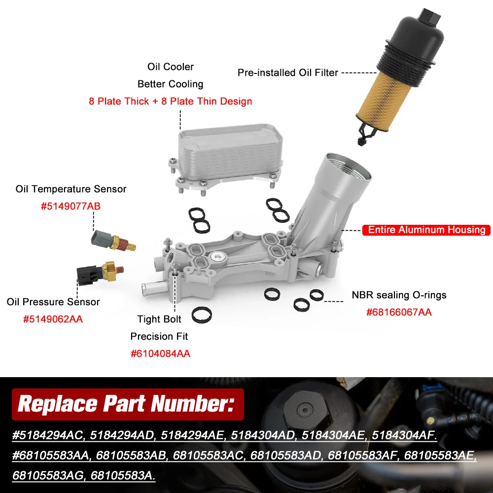 68105583AF Engine Oil Cooler for Chrysler 200 300 Dodge Charger Grand Cherokee ProMaster 3.6L V6 5184304AE 926-959 Oil Filte