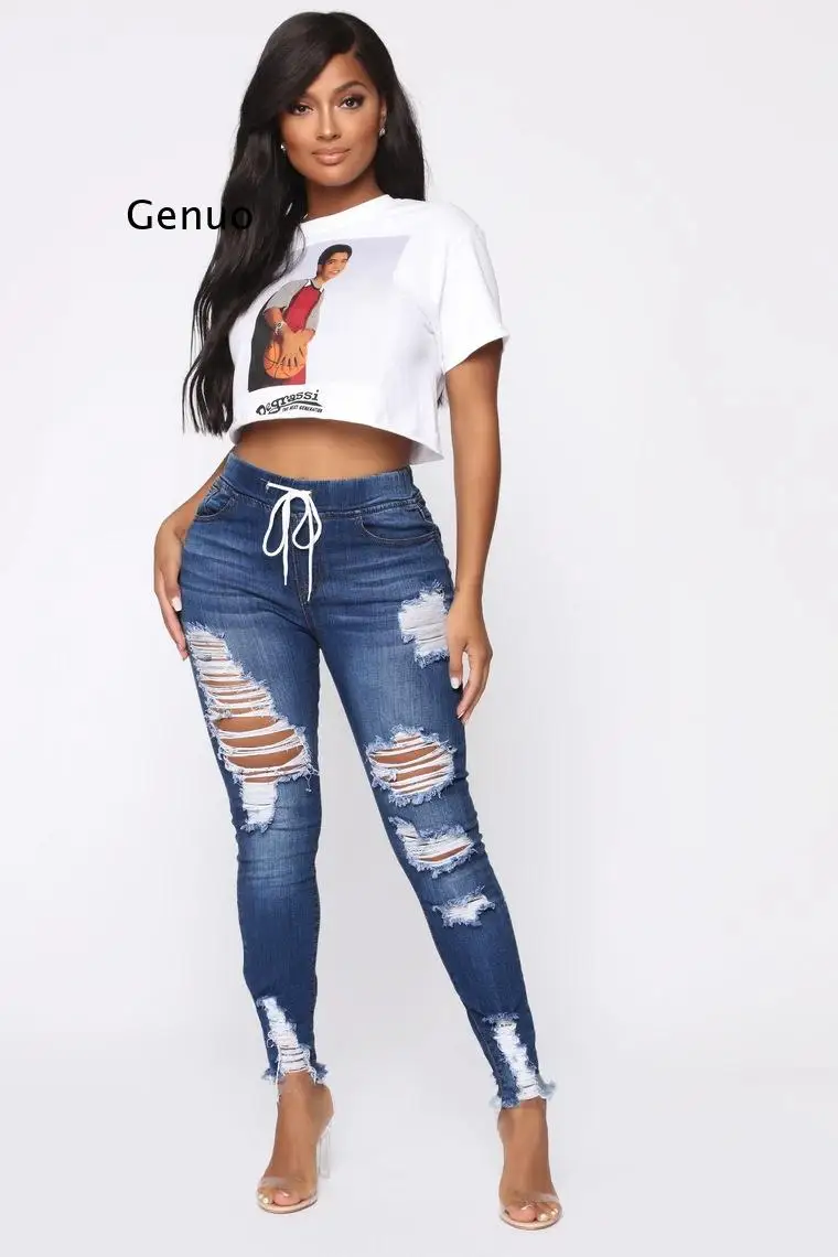 

Light Blue Ripped Jeans for Women 2021 Street Style Sexy Mid Rise Distressed Trouser Stretch Skinny Hole Denim Pencil Pants
