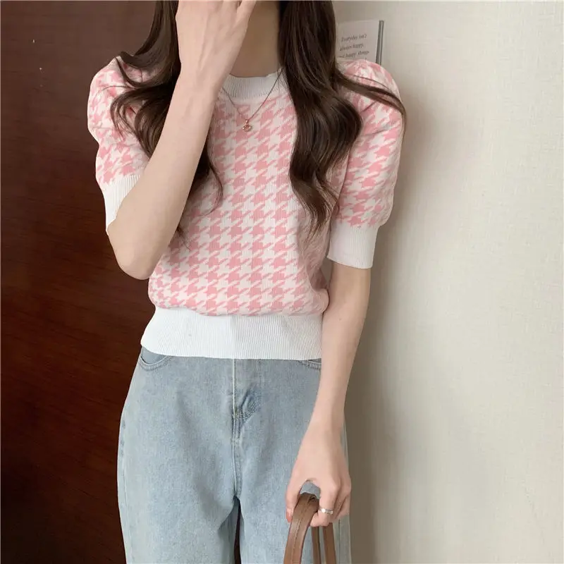 Summer New Round Neck Striped Houndstooth Knitting Tee Women Casual Fashion All-match Waist Pullover Top Female Vintage T-shirt