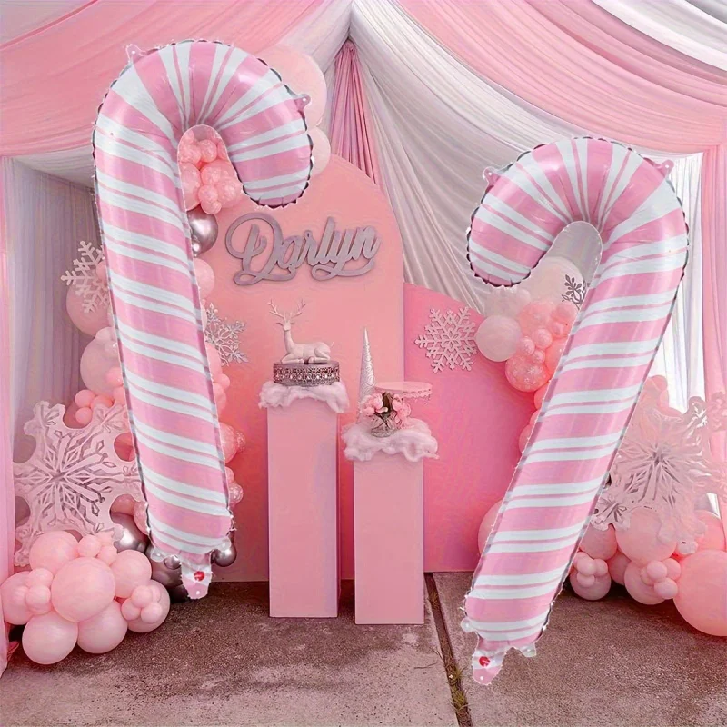 2pcsExtra Large Pink and White Cane Balloon，insWind Pink Christmas Party Decoration Aluminum Film Balloon，Birthday Wedding Festi