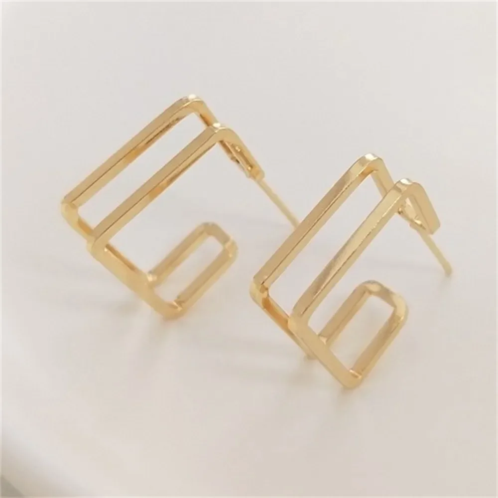 

Geometric Square Double Layer Stud Earrings 925 Silver Pin Earrings Simple Trendy Korean Earrings 14K Gold Color E075