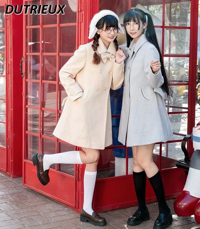 

Sweet Cute Girls Bow Double-breasted Coat Women's Autumn Winter New Medium and Long Cashmere Solid Color Woolen Jacket