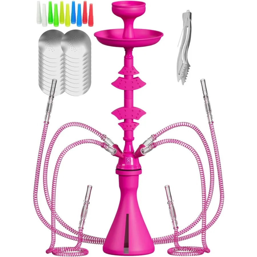 

4 Hose Hookah set with everything Pink Hookah 4 Hose Set Mini Hookah Party Set with 50x Foil Big Silicone Bowl 10x Tips 4x Mout