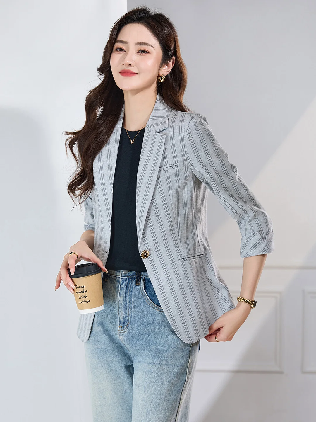 

Striped Midi Sleeve Suit Jacket Women's Commute Style Korean Hong Kong Fashion OL Wester Top Polyester Fiber