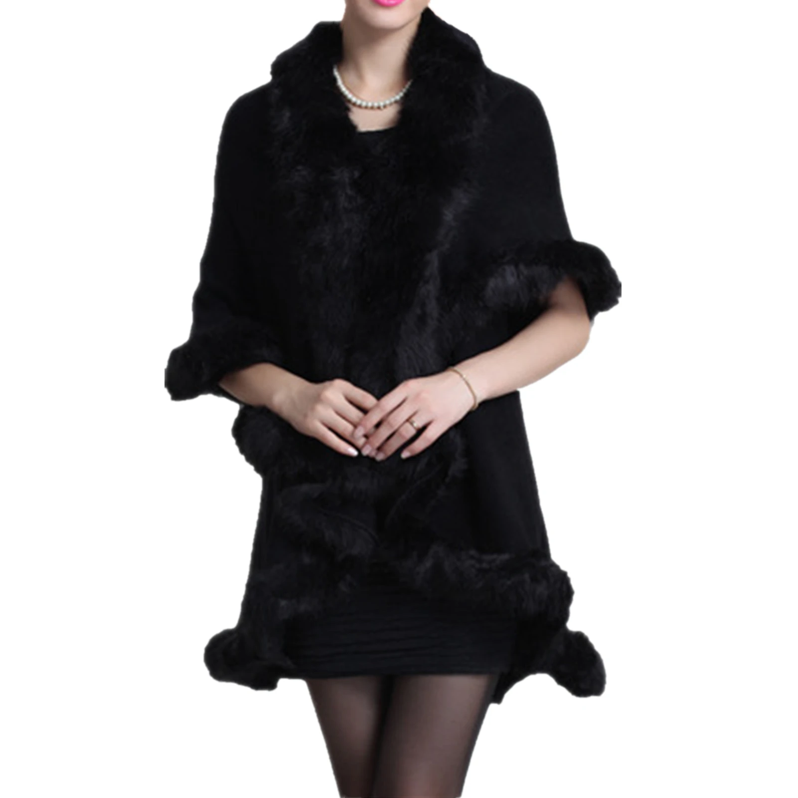 Women's Winter Faux Fur Shawl Wrap Knit Cashmere Woolen Coat Jacket Cardigan Sweater Cloak Cape