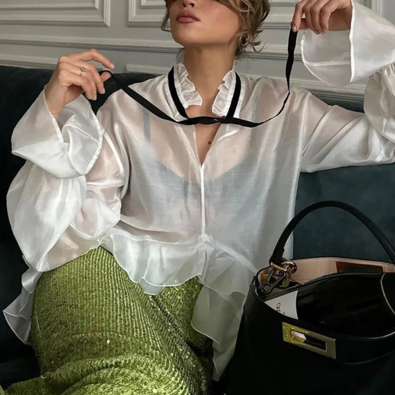 

Fashion See Through White Shirt Women Flare Sleeve Oversized Sexy Smock Tops Women Elegant Blouse Shirts Chic Women Clothing