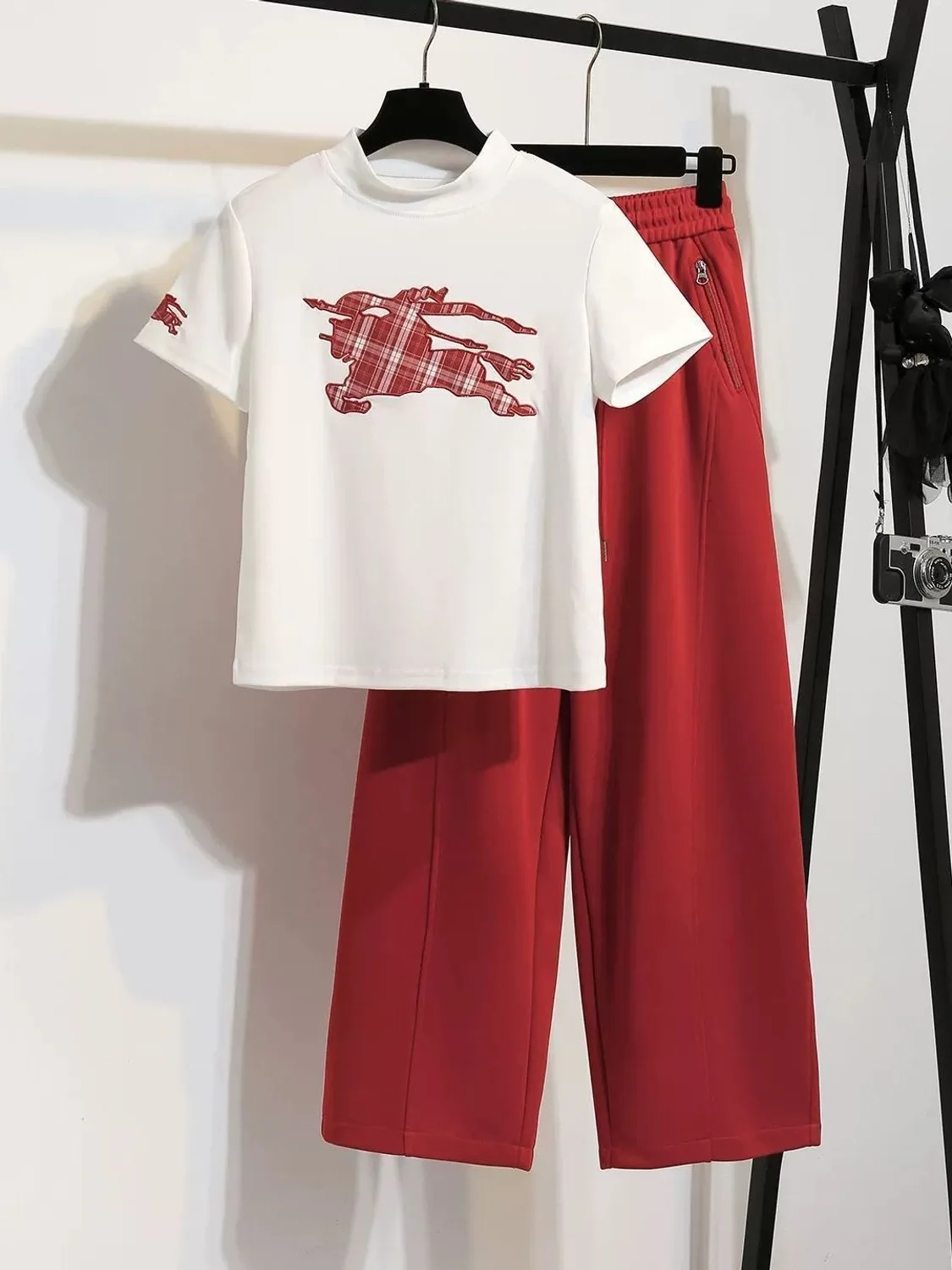 

Casual Sportswear Set Women Summer New Style Complete Korean Age-Defying Short Sleeve Wide Leg Pants Two-Piece Set