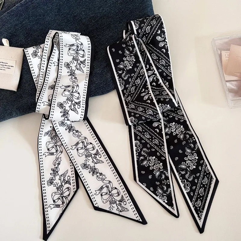 New Satin Belt Black White Double Sided Long Scarf for Women Waist Belt Hair Band Versatile Thin Ribbo Daily Outfit Decoration view 2