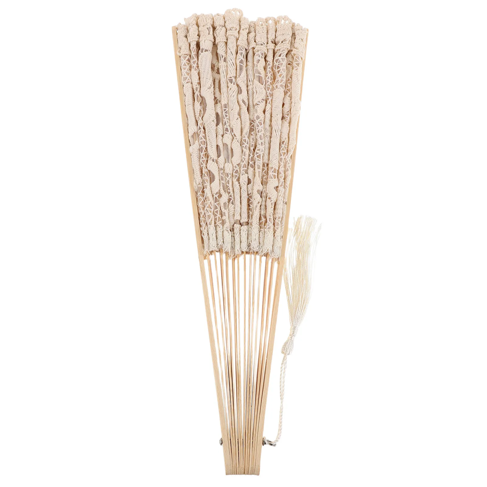 Lace Folding Hand Fan 19 Inch Bamboo Frame Tassel Wedding Bridal Shower Dance Party Decor White
