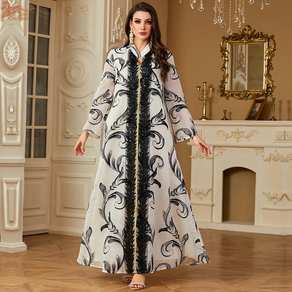 Nuevo bordado Abayas Marruecos lentejuelas Maxi vestidos Kaftan malla estampado Floral ropa musulmana para mujeres