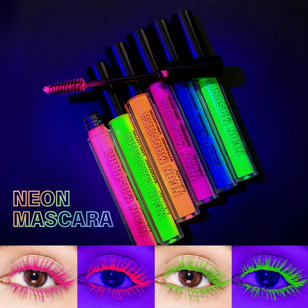 6 Farben Neon-Augen-Mascara, leuchtende Farben, fluoreszierend, 24 Stunden langlebig, wasserfest, wischfest, für Camival-Party-Make-up