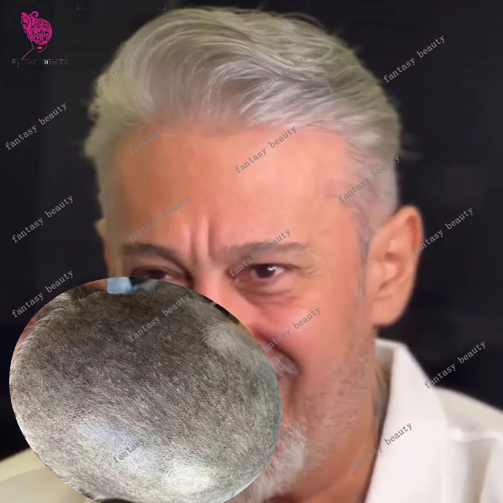 1B80 1B30 شعر رمادي اصطناعي خط شعر طبيعي فائق أشقر رجل شعر بشري متين Microskin رقيق عالي الدقة Pu شعر مستعار للرجال غير قابل للاكتشاف #1