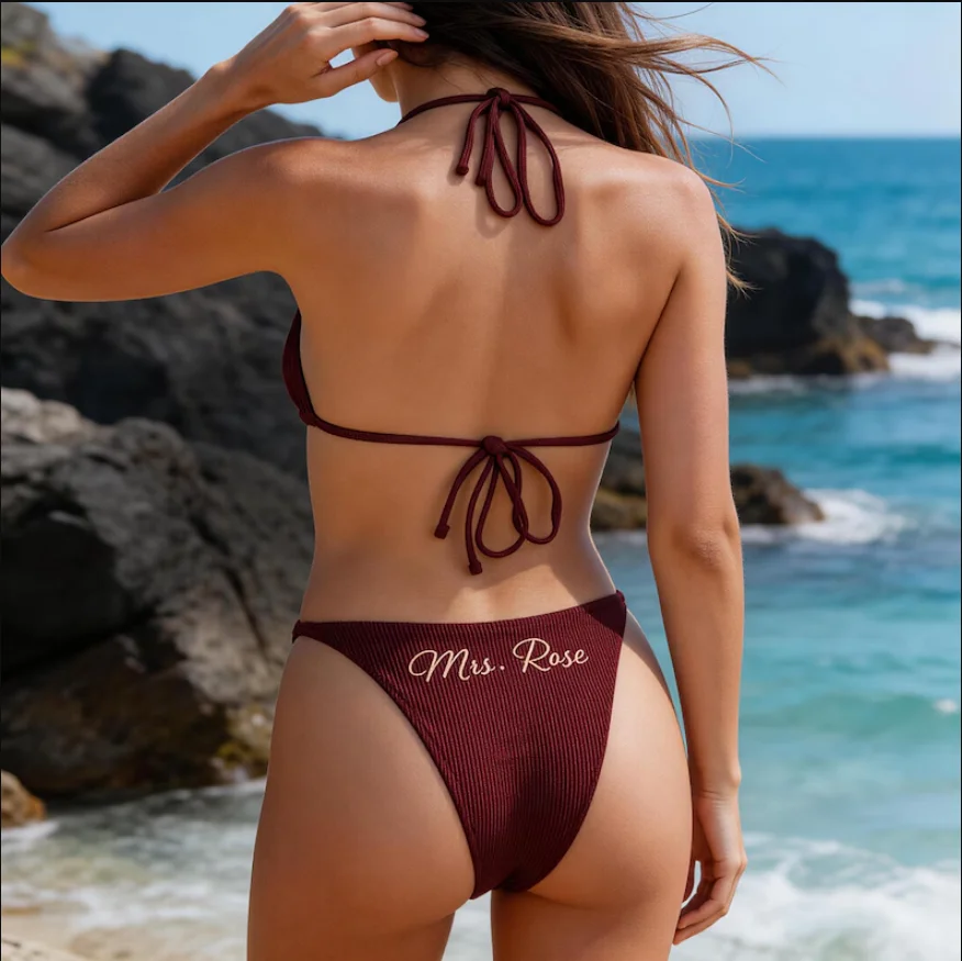 Personalized Embroidered Beach Bikini Set, Custom Bridal Shower Gifts, Tropical Honeymoon Swimsuit Gift for Bride, Wifey Bikinis