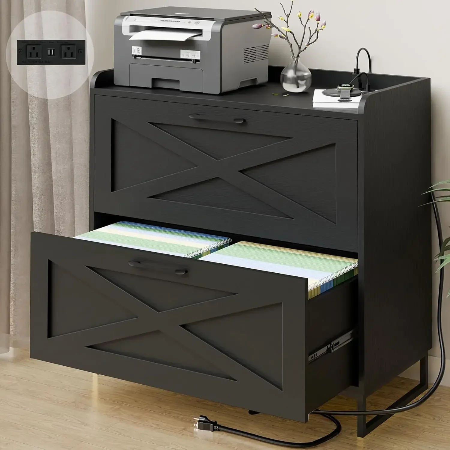 Two Drawer Lateral File Cabinet Printer Stand With Charging Station For Hanging Legal Letter A4 Files Storage For Home Office