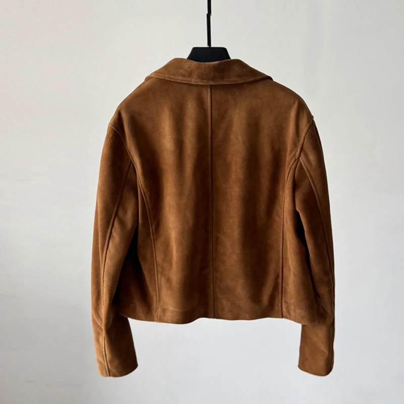 2025 ฤดูใบไม้ร่วงVINTAGEสีน้ําตาลผู้หญิงของแท้หนังสั้นชุดสูทSingle-breasted Goatskinเด็กเสื้อแจ็คเก็ตหนังนิ่มหญิง