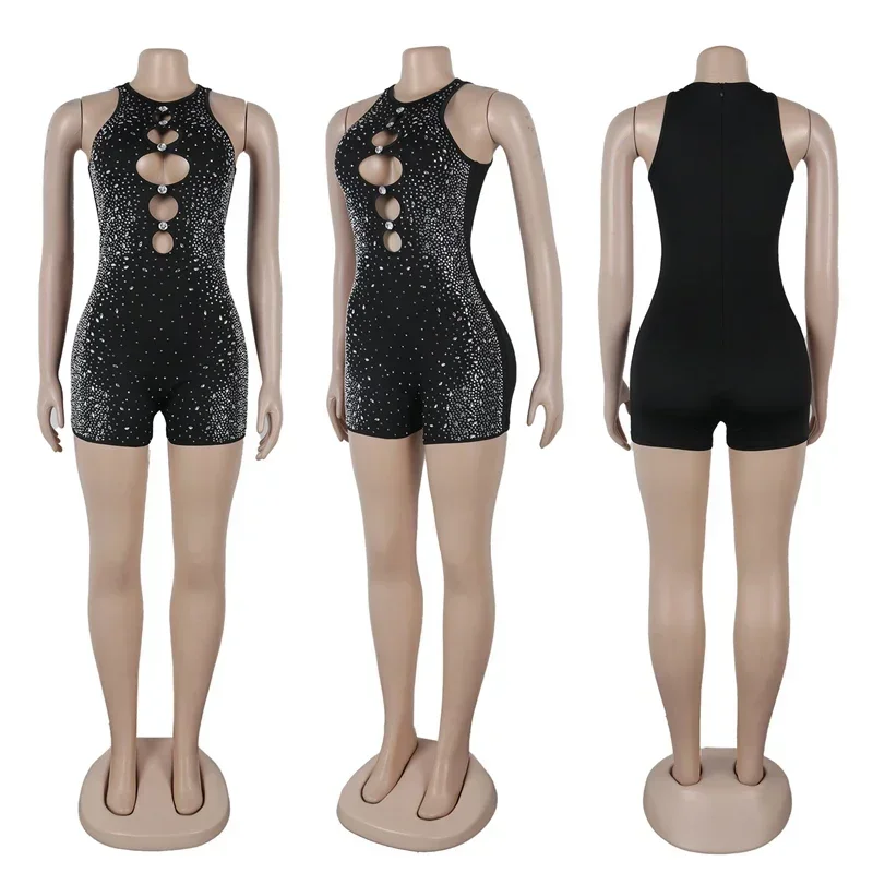 Sparkly Diamonds Rhinestone Sexy Club Outfit for Women Rompers and Jumpsuits Sleeveless Hollow Out Party Club Bodycon Playsuit