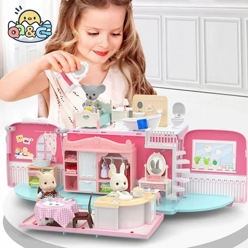 Koala Tour Bus Puppenhaus Kreative Handwerk Miniatur Tier Mini Kaninchen Bär Spielhaus Puppen Set Villa Möbel Spielzeug Mädchen Geschenke