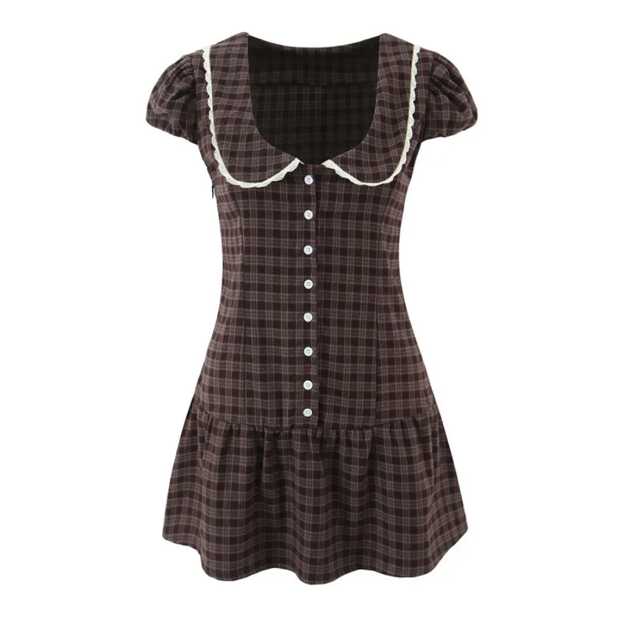 

【New Arrival】Women's Brown Plaid Peter Pan Collar Mini Dress, Short Sleeve A-Line