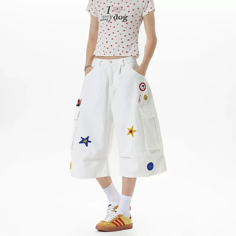 Shorts cargo bordados, roupas de trabalho de verão, calças cortadas com vários bolsos, pernas largas plissadas, retrô, hip hop, calças casuais