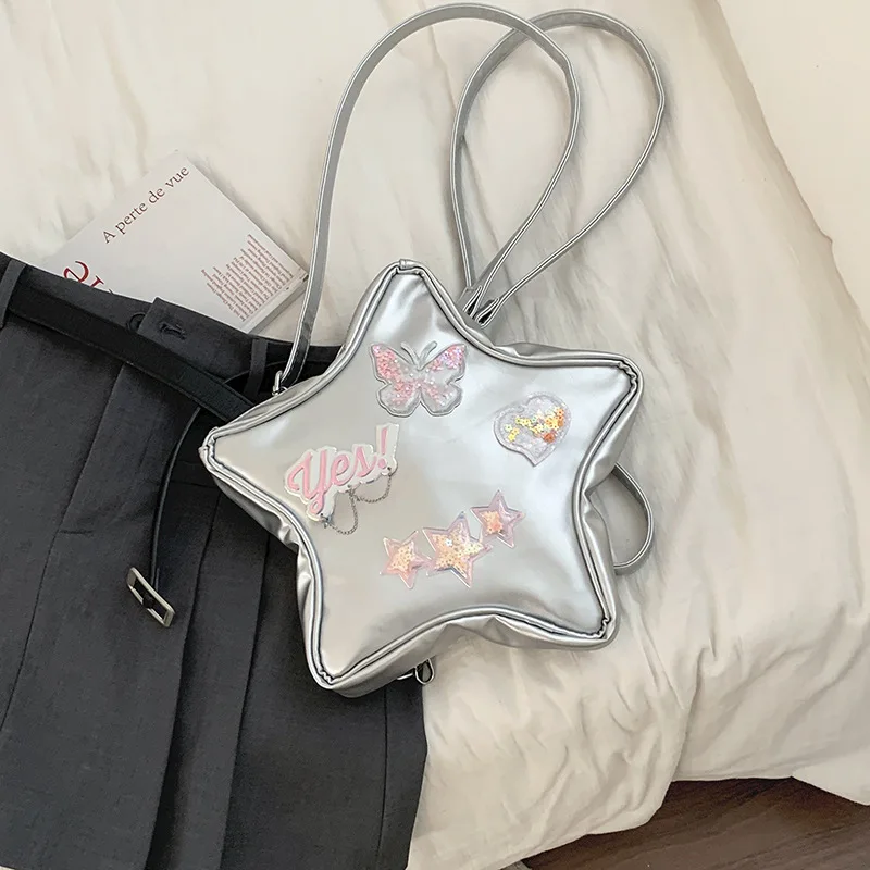 Silver Star Bag Women's Summer 2023 New PU Zipper Backpack Large Capacity Decal Butterfly Pattern Designer Single Shoulder Bag