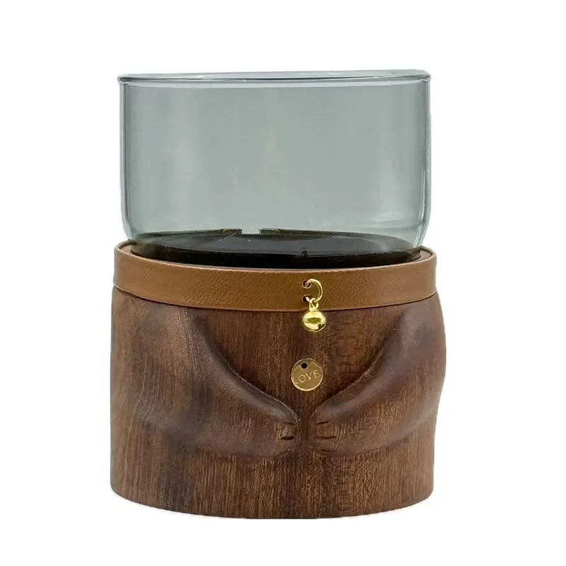 Creative solid wood base coffee cup high-grade boron glass teacup couple  gift