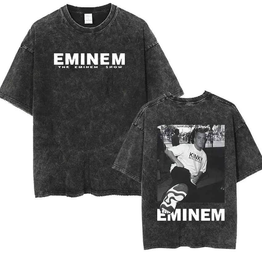 

90s Rapper Eminem World Tour Music Graphic T Shirts Men Cool Hip Hop Vintage Washed Oversized Tshirt Unisex Gothic Streetwear