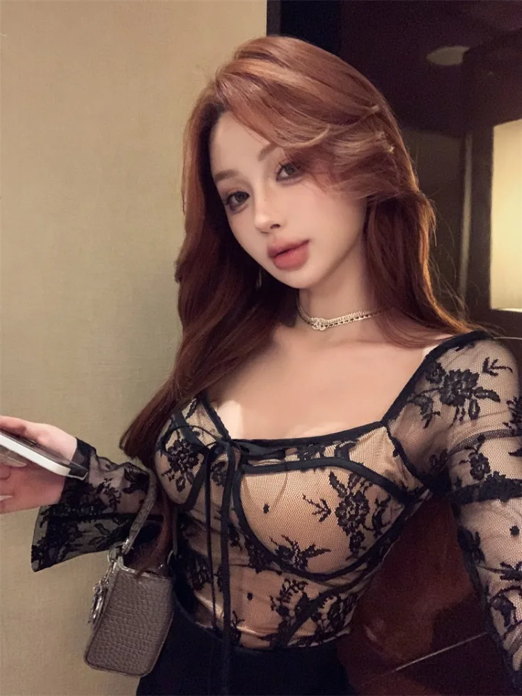 

Sexy Pure Desire Spicy Girl Square Collar Women's Autumn Body Shape Lace Base Shirt Inner Beauty with Chest Pad