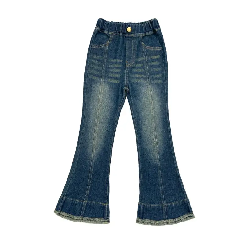2026 Spring Autumn Girls Flare Jeans Fleece Lined Korean Style Slim Fit Soft Denim Pants Kids Fashion Trousers