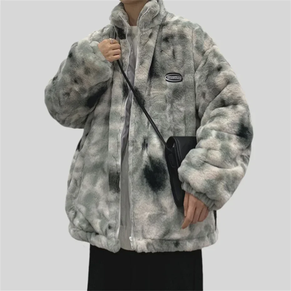 Hip Hop Winter Faux Fur Fleece Jacket Streetwear Men Harajuku Tie Dye Heart Fuzzy Jackets Warm Coats 2024 Casual Zipper Coats