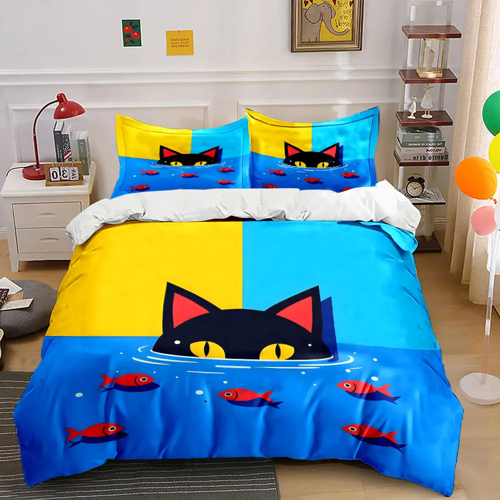 Illustration of black cat and goldfish in the water Print Bedding Set 1Duvet Cover 2Pillowcases for Adult Children Luxury Gift