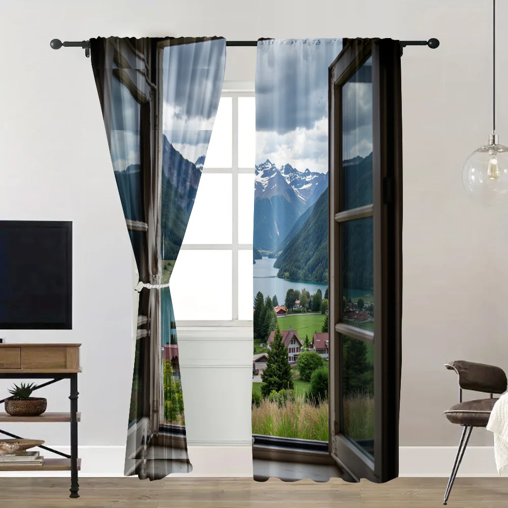 2pc,  Curtains Tranquil alpine village scenery Versatile Fabric,Without Electricity summer party decorations Use for Holiday