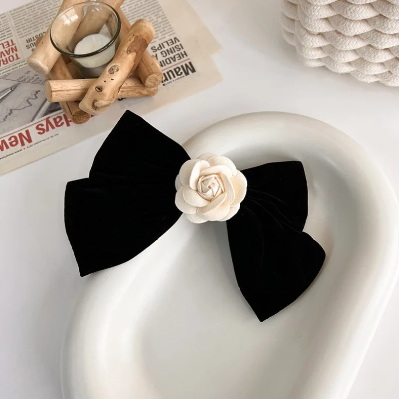 Elegant Black Velvet Hair Bows Clips White Flower Back Head Bowknot Hairpin Party Barrette Grip Headwear Korean Hair Accessories