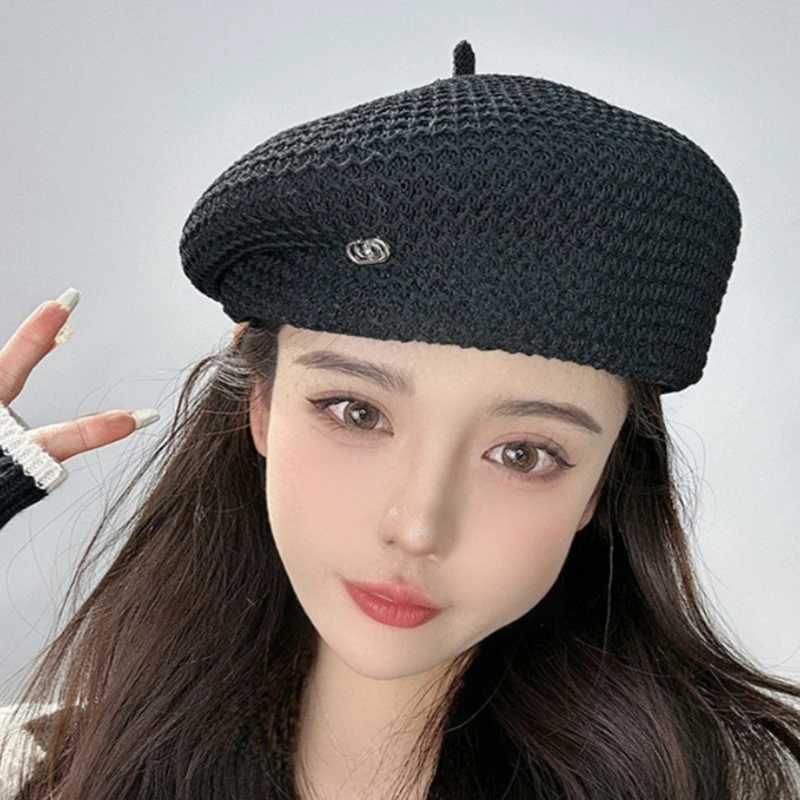 Women Fixed Pleated Straw Beret Summer Knit Breathable Big Artist Fashion Painter Hat