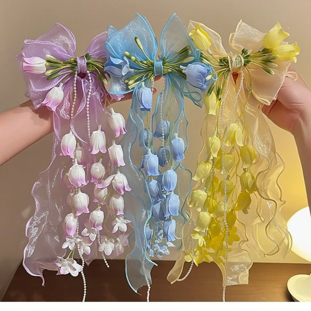 New Bell Orchid Ribbon Hair Clip Large Bow Soft Mesh Hair Barrettes Long Ribbon Tassel Design Hairpin For Girls