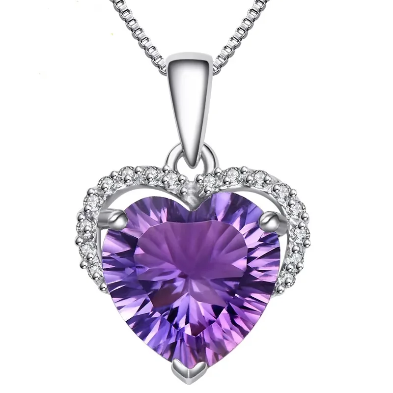 925 Sterling Silver Necklace Big 6ct Heart of the ocean Purple gemstone Wedding Pendant Necklace for Women Jewelry gift