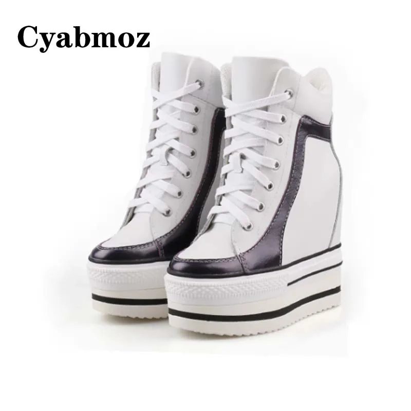 women sneakers platform wedges shoes casual genuine leather height increasing 13cm high top lace up ladies elevator shoes