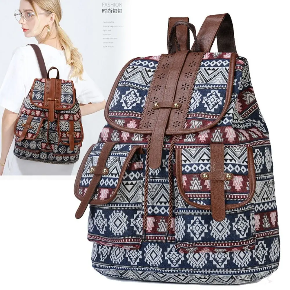 Leisure Time Ethnic Style Pattern School Bags Canvas Large Capacity Backpack Bags Travel Backpack Student